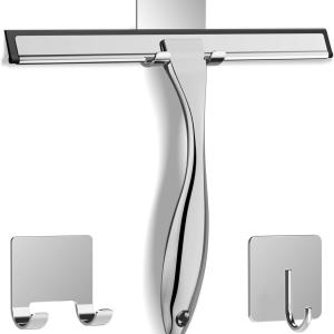 All-Purpose Stainless Steel Shower Squeegee for Shower Glass Door with 2 hesive Hooks, Bathroom Cleaner Tool Household Window Mirror Squeegee , Cleaning Tile Wall, Car, 10 Inch Silver