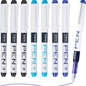 EYEYE Disposable Fountain Pens, 8 Pack 3 Colors Fine Point Pens Stainless Steel Nib, Fountain Pens Smooth Writing for Journaling, Drafting, Sketching, Doodling & Office Supplies