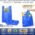 ASSUREPAK Easy Open - 1000 Bags- Colored Unprinted HDPE T-Shirt Bags - 1/6 BBL 11.5"X6"X21" - 13 microns - Blue - LOOP-BLUE-EO