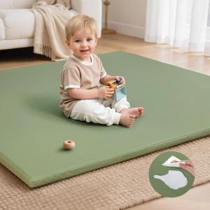 Baby Play Mat for Floor,50x50 Playpen Mat,Non-Slip Leather&Thick Foam Floor Cushion,Removable Waterproof Cover,Easy Care for Baby Crawling,Toddler,Kids,Tummy Time（Sage Green)