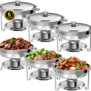 IMACONE Chafing Dish Buffet Set of 6 Pack, 5QT Round Stainless Steel Chafer for Catering, Upgred Chafers and Buffet Warmer Sets with Food & Water Pan, Lid, Frame, Fuel Holder for Event Party Holiday