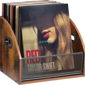 WeGXY Vinyl Record Storage Holder, Wooden Record Crate for LP Albums, Magazine Rack and Book Holder for Desktop, Home Office, Shelf Organizer with Handles, Holds 70+ Records, Files, Books, Brown