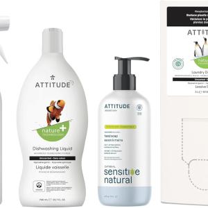 Bundle of ATTITUDE All-Purpose Cleaner, EWG Verified, Vegan Unscented, 27.1 Fl Oz + Dishwashing Liquid, 23.7 Fl Oz + Laundry Detergent, Bulk Refill, 80 Los + Hand Soap for Sensitive Skin, 16 Fl Oz