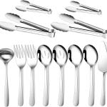 Gisly 12-Piece Serving Set - Large Spoons, Forks, Tongs, Lle, Cake Server & Appetizer Tongs for Buffet Catering, Dishwasher Safe