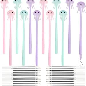 Outus 12 Pcs Novelty Jellyfish Pens Wiggle Bendable Soft Silicone Ballpoint Pens with 24 Pieces Refills Black Ink 0.5mm for Christmas New Year Birthday Gifts Party Supplies School Classroom Office