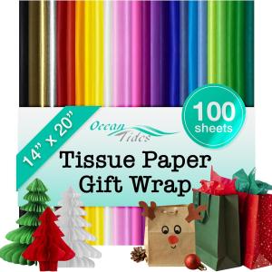 Ocean Tides 100 Sheets (14 x 20 Inches) Christmas Wrapping Paper – Gift Wrapping Tissue Paper Bulk for Crafts, Birthdays, & Holidays – Colored Tissue Papers for Gift Bags & Decorations, Assorted