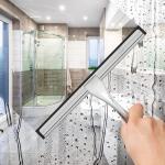 All-Purpose Stainless Steel Shower Squeegee for Shower Glass Door with 2 hesive Hooks, Bathroom Cleaner Tool Household Window Mirror Squeegee , Cleaning Tile Wall, Car, 10 Inch Silver
