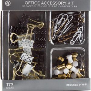 U Brands Office Accessory Kit, Office Supplies, Black and White with Gold, Push Pins, Paper and Binder Clips, 173 Count