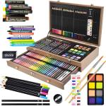 Sunnygle 145 Piece Deluxe Art Set, Wooden Art Box & Drawing Kit with Crayons, Oil Pastels, Colored Pencils, Watercolor Cakes, Sketch Pencils, Paint Brush, Sharpener, Eraser, Color Chart (Tan)