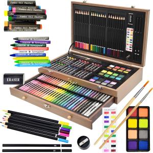 Sunnygle 145 Piece Deluxe Art Set, Wooden Art Box & Drawing Kit with Crayons, Oil Pastels, Colored Pencils, Watercolor Cakes, Sketch Pencils, Paint Brush, Sharpener, Eraser, Color Chart (Tan)