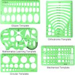 11PCS Geometric Drawings Templates, Drafting Stencils Measuring Tools, BetyBedy Plastic Clear Green Ruler Shapes with a Zipper Bags for Architecture, Office, Studying, Designing and Building