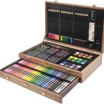 Sunnygle 145 Piece Deluxe Art Set, Wooden Art Box & Drawing Kit with Crayons, Oil Pastels, Colored Pencils, Watercolor Cakes, Sketch Pencils, Paint Brush, Sharpener, Eraser, Color Chart (Tan)