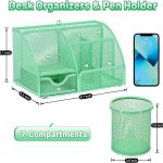13-in-1 Office Desk Organizer Set with Stapler and Tape Dispenser, Pen Holder, Scissors, Ruler, Hole Punch, 2 Pens & More Desktop Accessories for Back to School Supplies (Green)