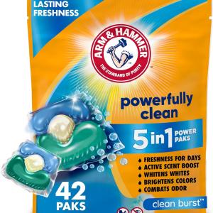 Arm & Hammer Clean Burst 5-in-1 Laundry Detergent Power Paks, High Efficieny (HE), 42 Count