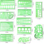 11PCS Geometric Drawings Templates, Drafting Stencils Measuring Tools, BetyBedy Plastic Clear Green Ruler Shapes with a Zipper Bags for Architecture, Office, Studying, Designing and Building