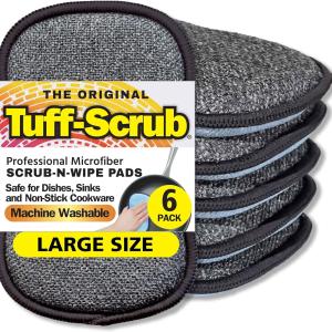 Original Scrub-N-Wipe P by Tuff-Scrub, 6-Pack, Microfiber, Multi-Surface, Non-Scratch, Dual-Sided, Scrubber for Dishes, Sinks, Non-Stick Cookware – Machine Washable, Durable Kitchen Sponge (Large)